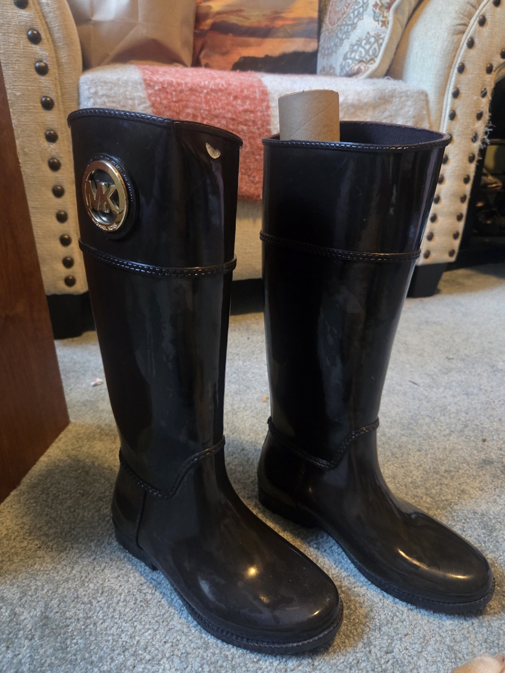 Brown Patent Rain Boots with Gold MK Logo